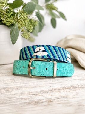 Doc Murphy Men’s Custom Canvas Bucket Hat Print Belt in Aqua Gator Leather Sz 32